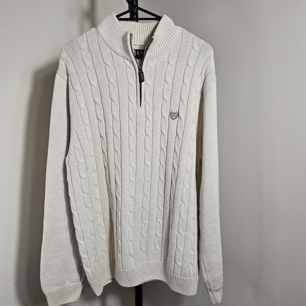 Chaps Mens Ivory XL Cable Knit Pullover Sweater 1/4 Zip Mock Neck Preppy Cotton